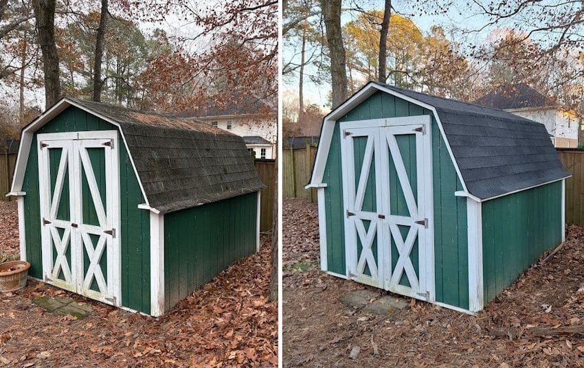 Shed roof repair in Norcross GA with new asphalt shingles