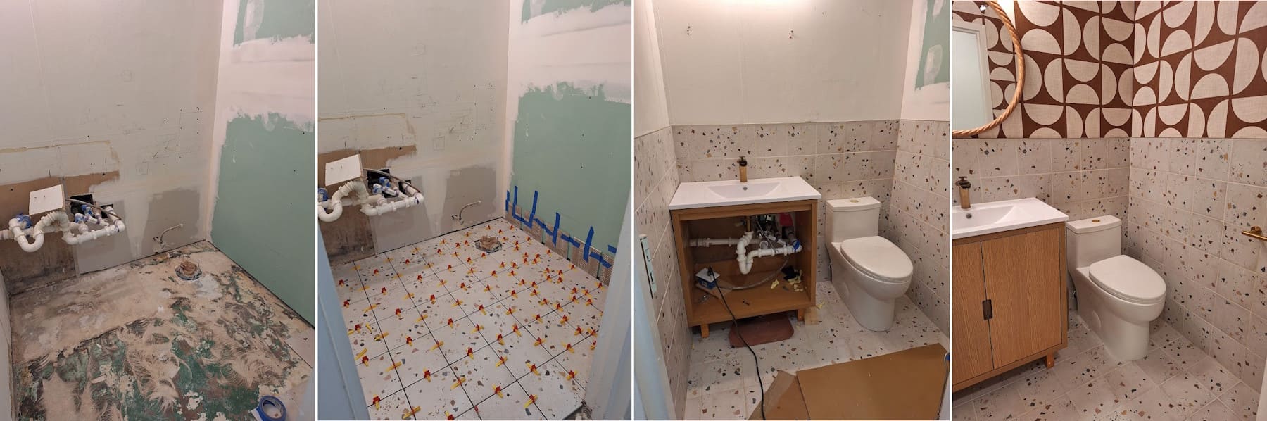 Commercial bathroom renovation with wallpaper and tile