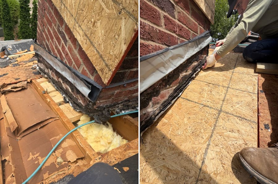 Chimney stabilization and waterproof flashing repair