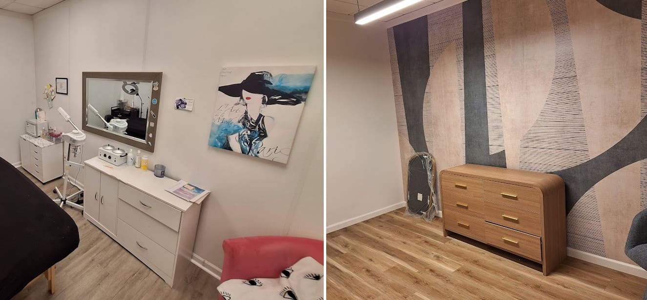 Wallpaper installation in commercial salon interior