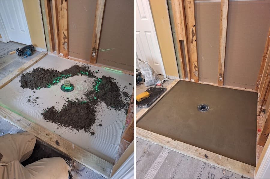 Waterproofed shower walls and floor before tile installation