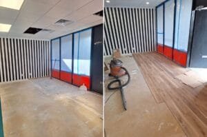 Before and after: subfloor preparation and LVP plank installation in progress