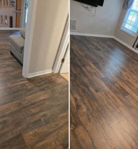 Dark wood-look LVP flooring installed in a hallway and living room