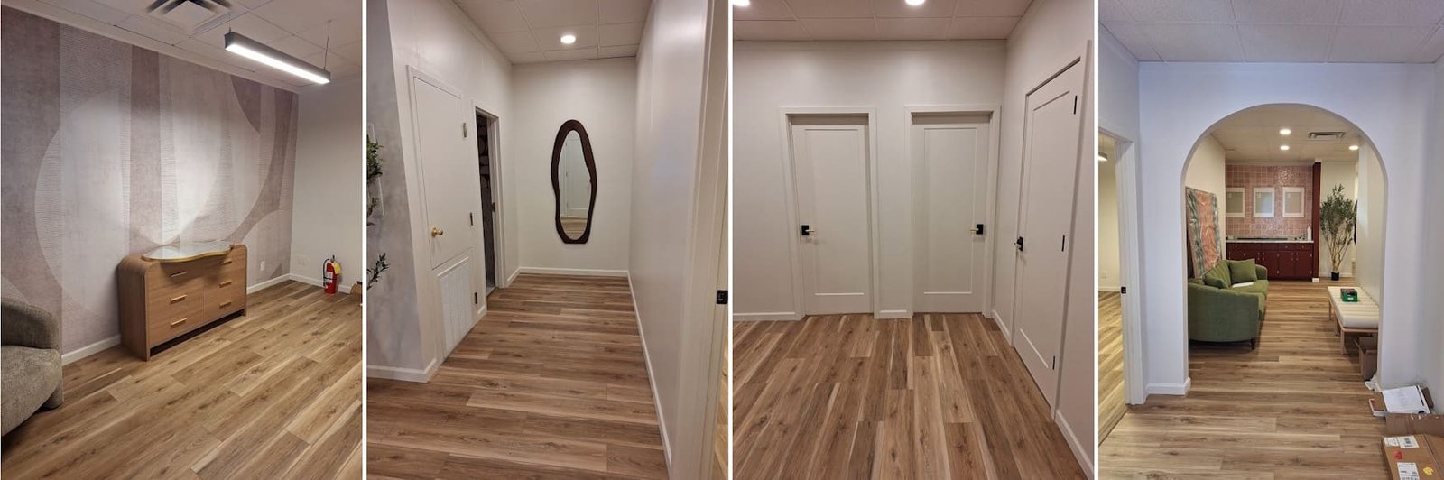 Finished LVP flooring throughout hallways and rooms in a renovated interior