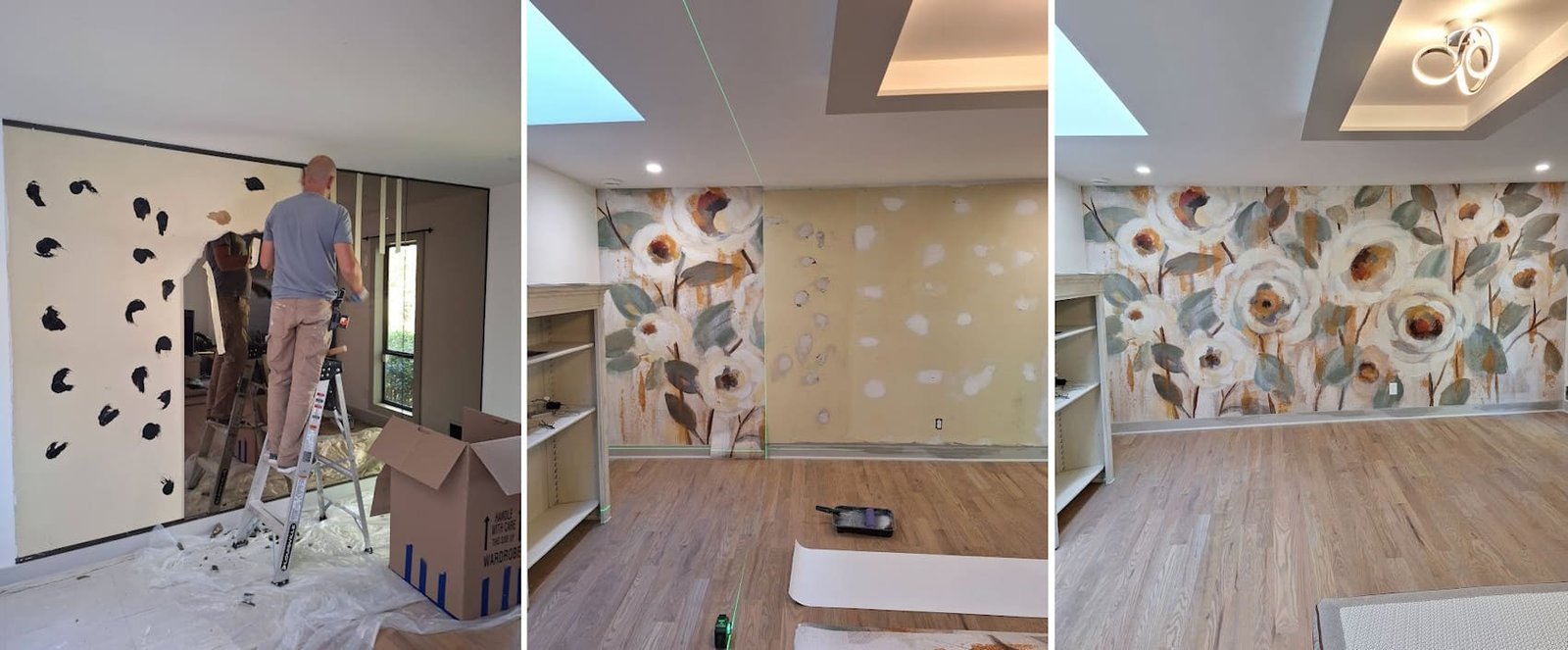 Professional bedroom wallpaper installation with oversized white and beige floral design